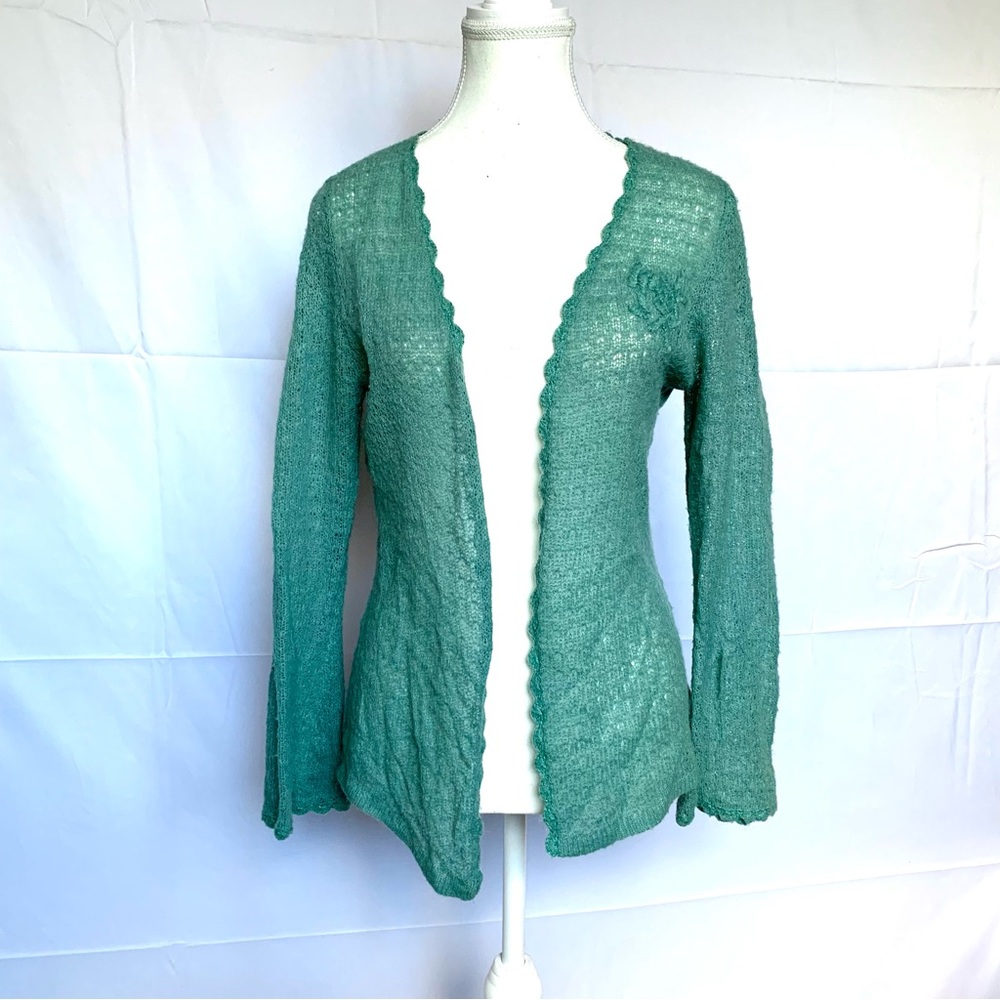 Mohair Kelly Green Teal Wool Knit Cardigan‎ Lightweight Coquette Twee Grannycore